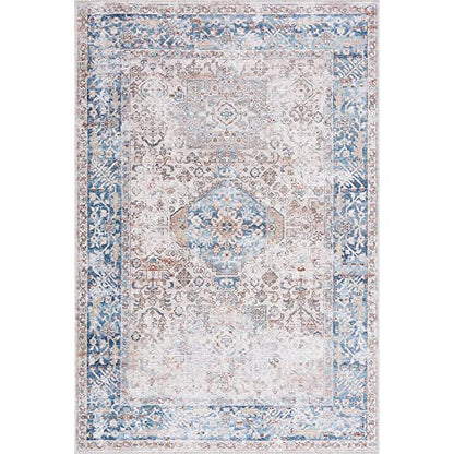 Bloom Rugs Caria Washable Non-Slip 9x12 Rug - Beige/Ocean Blue Traditional Area Rug for Living Room, Bedroom, Dining Room, and Kitchen - Exact Size: 9' x 12' - color: Beige / Ocean Blue, size: 9' x 12' (Rectangular)