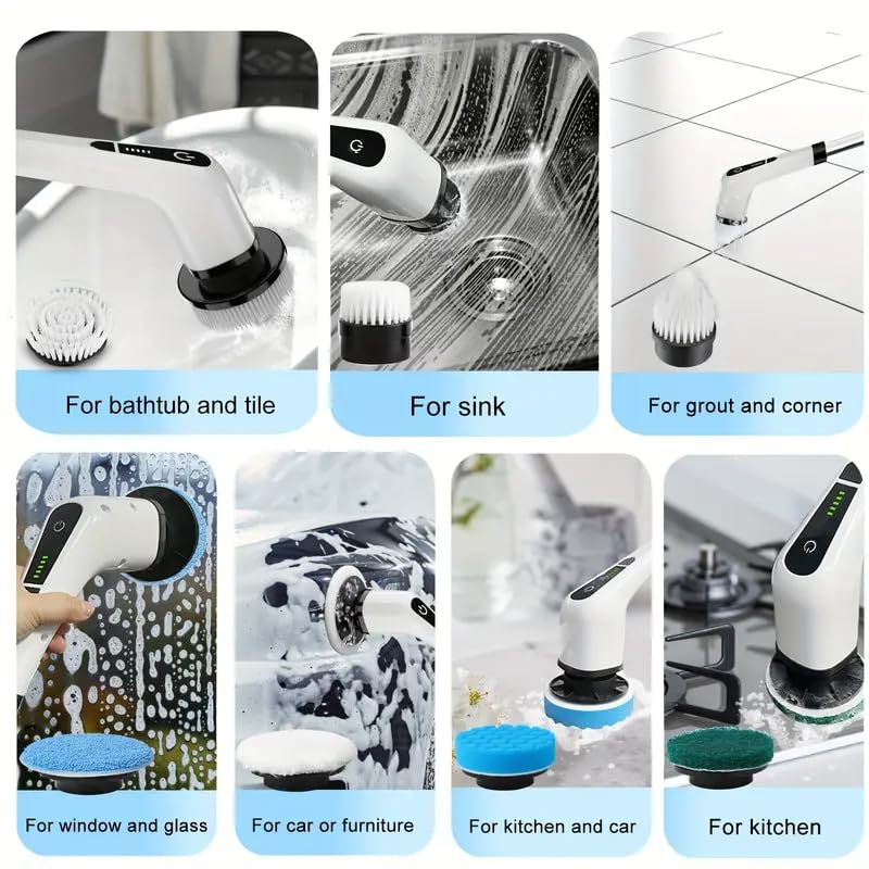 Electric Spin Scrubber,Cordless Cleaning Brush,Shower Cleaning Brush with 8 Replaceable Brush Heads, Power Scrubber 5 Adjustable Speeds for Floor Bathroom Shower Bathtub Glass Car, Gift