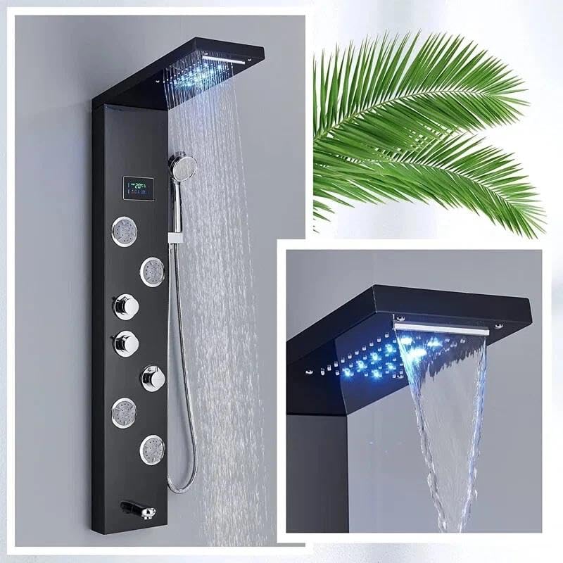 FUZ Matte Black Shower Panel Tower with LED Waterfall Rain Shower Head Digital Temperature Display 4 Body 99D-LFT8011andheld Shower Wand Tub Spout Multi Function Shower System for Bathroom