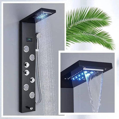 FUZ Matte Black Shower Panel Tower with LED Waterfall Rain Shower Head Digital Temperature Display 4 Body 99D-LFT8011andheld Shower Wand Tub Spout Multi Function Shower System for Bathroom