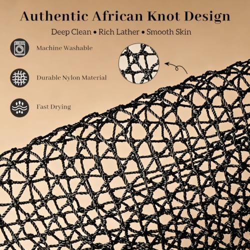 SPMKTBOZAI African Net Sponge Authentic, Exfoliating Net for Body Back | African Net Sponge with Knots| Long Stretch Net Sponge| African Net for Sensitive Skin| Durable & Quick Dry| Daily Use| Black - color: Black
