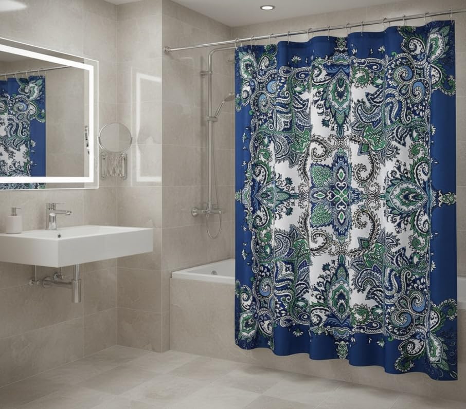 Boho Shower Curtain, Navy Teal White Mandala Floral Design, Fabric, 72 x 72 inches, Stain-Resistant, Paisley Pattern, with Hooks - color: Blue