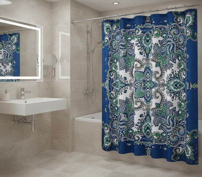 Boho Shower Curtain, Navy Teal White Mandala Floral Design, Fabric, 72 x 72 inches, Stain-Resistant, Paisley Pattern, with Hooks - color: Blue