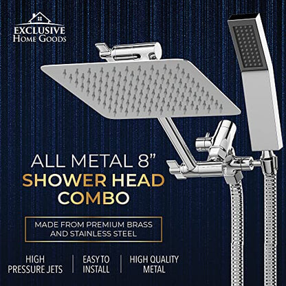 All Metal Shower Head 8" Dual Square Shower Head With Handheld Wand 71in Hose Set, High Pressure Rain Shower Heads Combo, 3-Way Diverter Rainfall Showerhead with Adjustable Extension Arm - color: Deluxe Chrome, size: 8 Inches, 2.5 GPM