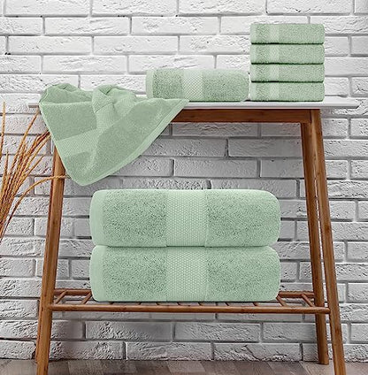 White Classic 8-Piece Light Green Towel Set [2 Bath Towels, 2 Hand Towels, 4 Washcloths] and 2 Luxury Bath Mats 22 x 34 | Cotton, Highly Absorbent and Quick Dry for Hotels, Spa and Bathroom