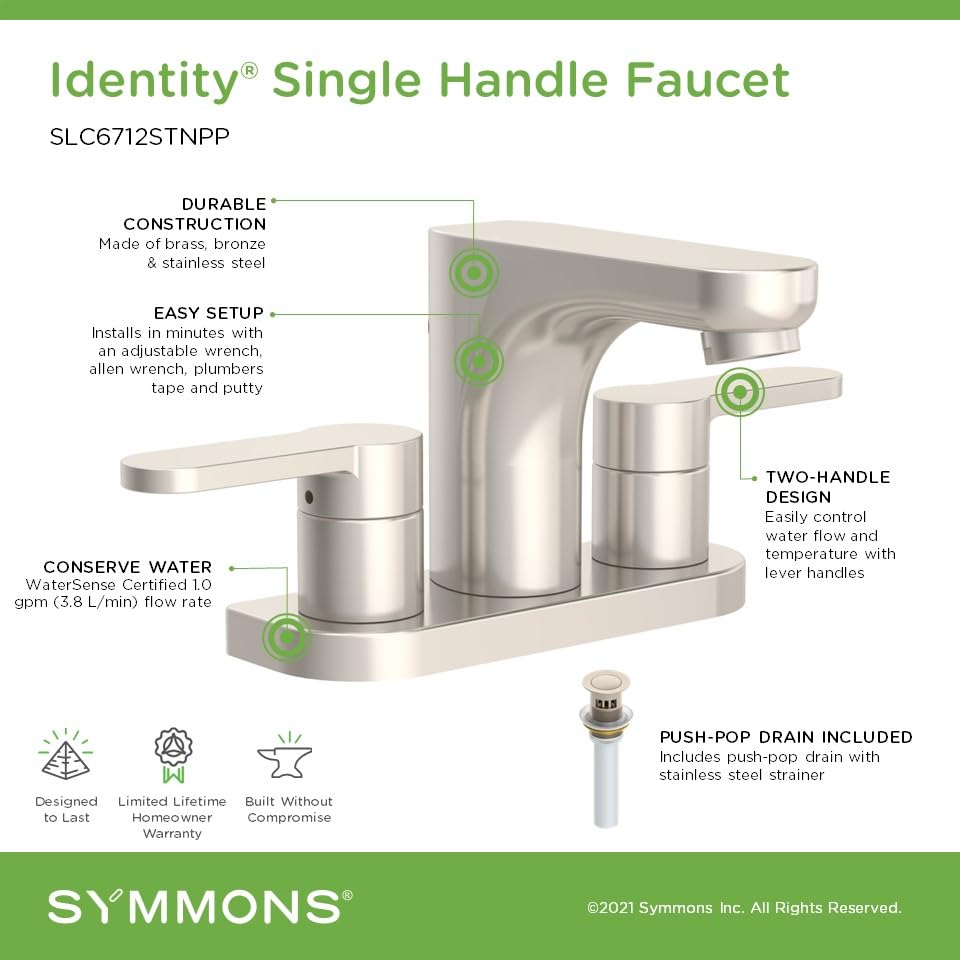 Symmons Identity 4 in. Centerset Two-Handle Three Hole Bathroom Sink Faucet with Push Pop Drain Assembly, Nickel SLC6712STNPP - color: Satin Nickel