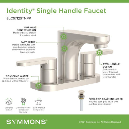 Symmons Identity 4 in. Centerset Two-Handle Three Hole Bathroom Sink Faucet with Push Pop Drain Assembly, Nickel SLC6712STNPP - color: Satin Nickel