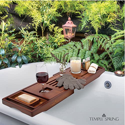 Bamboo Bathtub Tray Caddy for Tub — Expandable Wood Bath Tray with Solid Book Stand Wine Holder and Non-Slip Pads — Includes Bamboo Soap Dish and Spa Accessories — Luxury Bath Gift Set - color: Brown
