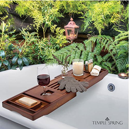 Bamboo Bathtub Tray Caddy for Tub — Expandable Wood Bath Tray with Solid Book Stand Wine Holder and Non-Slip Pads — Includes Bamboo Soap Dish and Spa Accessories — Luxury Bath Gift Set - color: Brown