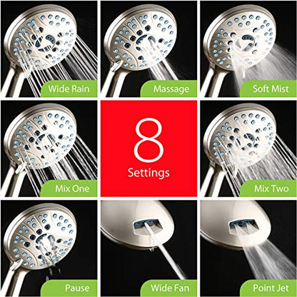 AquaCare 8-mode High Pressure Handheld Shower Head with 2-mode Power Wash | Stay Clean Nozzles, Dual Power Wash for Tub, Tile & Pets, Long 6 ft. Stainless Steel Hose, Wall & Overhead Brackets / Nickel - color: Satin Nickel, style: 1.8 Gallon Per Minute