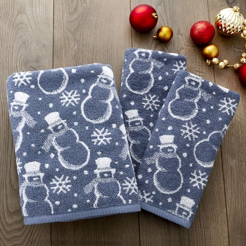 SKL Home Christmas/Winter Top Hat Snowmen Bath Towel, 100% Cotton, Blue | 550 GSM. Soft & absorbent. Reversible jacquard pattern. Great for use in the bathroom, kitchen or bar & gifting. - color: Top Hat Snowmen, style: Bath Towel