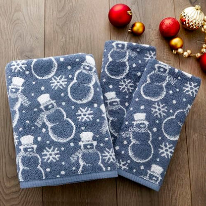 SKL Home Christmas/Winter Top Hat Snowmen Bath Towel, 100% Cotton, Blue | 550 GSM. Soft & absorbent. Reversible jacquard pattern. Great for use in the bathroom, kitchen or bar & gifting. - color: Top Hat Snowmen, style: Bath Towel