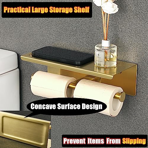 Alise Double Toilet Paper Holder with Shelf,Bathroom Tissue Holder,Gold | SUS304 Stainless Steel Wall Mounted Toilet Paper Roll Holder Storage Dispenser,Self Adhesive or Wall Mount Drilling