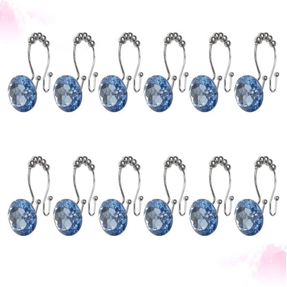 MAGICLULU Glide Double Hooks Shower Curtain Rings with Blue Rhinestone Decorative Crystal for Bathroom Secure Hold for Curtain and Liner Easy Swap Design