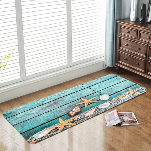 LYFANS Sponge Foam Carpet for Bathroom and Kitchen is Absorbent Soft (24x71 Inches), and Blue Mat is Used for Bedside and Living Room to Prevent Skidding 3D Printing (Blue Board Starfish) - color: Starfish on Blue Wooden Board, size: 71 x 24 inches