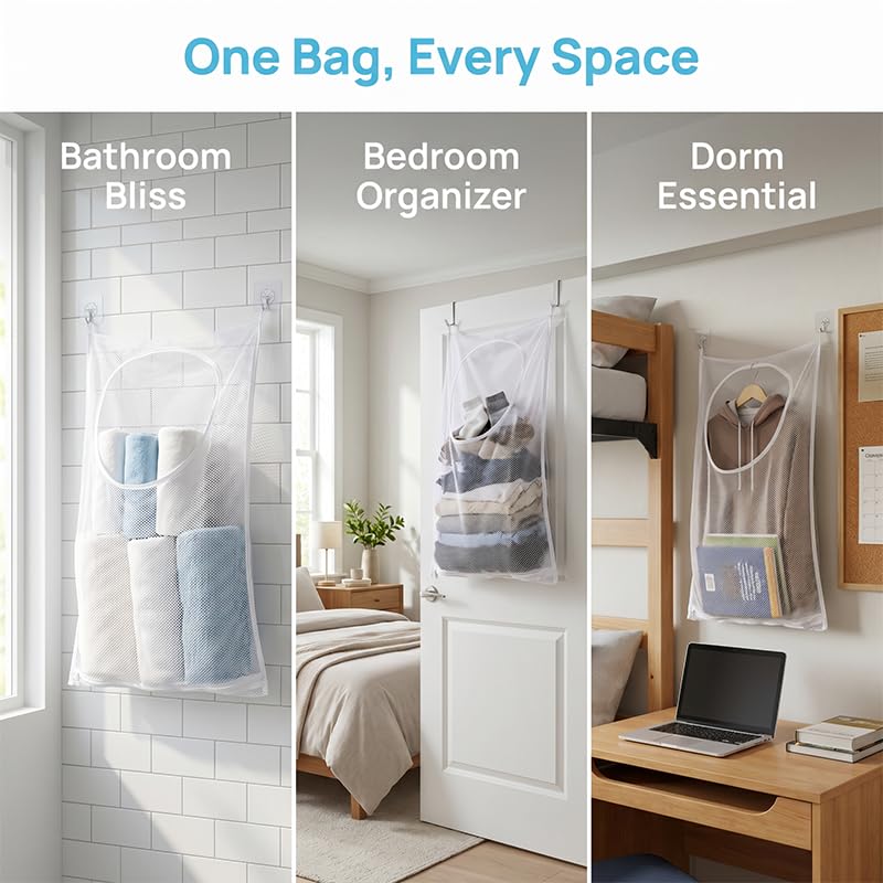 Hanging Laundry Hamper, Over the Door Laundry Hamper with Adhesive Hooks and Zipper for Bathroom and Bedroom, Whtie
