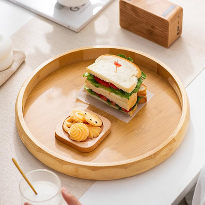 13.4" Round Bamboo Tray with Handles, Wood Serving Tray, Decorative Tray | Wooden Centerpiece Tray for Coffee Table, Kitchen, Living Room, Bedroom - size: 13.4"
