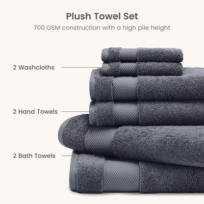 BIOWEAVES 100% Organic Cotton 700 GSM Plush 6-Piece Towel Set GOTS Certified, 2 Bath Towels, 2 Hand Towels & 2 Washcloths - Charcoal - color: Charcoal, size: 6 Pc Towel Set