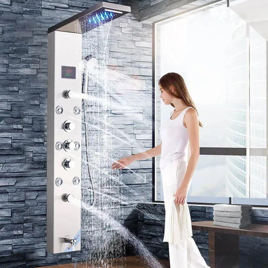 8 in 1 Shower Panel Tower System Stainless Steel 304 Thermostatic System with LED Rainfall, Hot & Cold Water Adjustable, Hand Shower, Body Mist Spray (Chrome Finish)