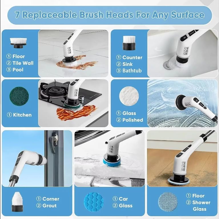 7-in-1 Electric Spin Scrubber with Long Extendable Handle, Cordless Power Scrubber with 7 Replaceable Brush Heads for Bathroom, Shower, Bathtub, Tile, Floor, Glass & Car Cleaning