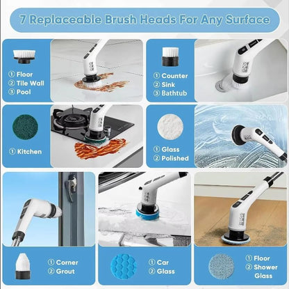 7-in-1 Electric Spin Scrubber with Long Extendable Handle, Cordless Power Scrubber with 7 Replaceable Brush Heads for Bathroom, Shower, Bathtub, Tile, Floor, Glass & Car Cleaning