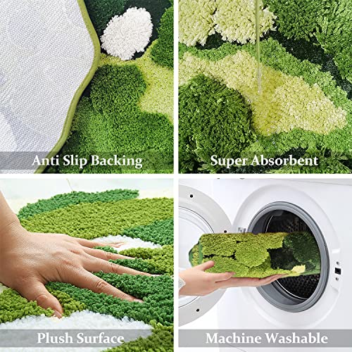 Hifuwan Cute Green Moss Bathroom Runner Rugs, Plant Leaf Bath Mats 20 x 43 | Boho Aesthetic, Long Rectangular Shaggy Non Slip, Machine Washable, Absorbent Bathmats for Bedroom, Shower Floor, Home Decor - size: 1'8" x 3'7" (Rectangular)