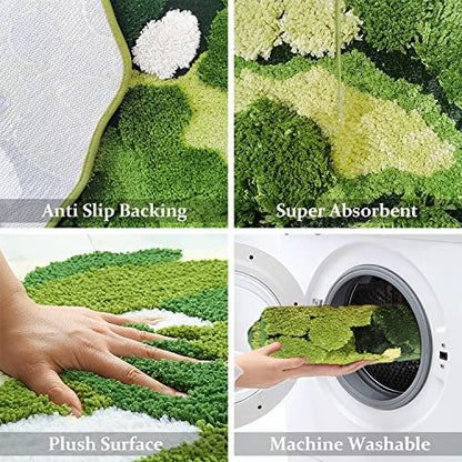 Hifuwan Cute Green Moss Bathroom Runner Rugs, Plant Leaf Bath Mats 20 x 43 | Boho Aesthetic, Long Rectangular Shaggy Non Slip, Machine Washable, Absorbent Bathmats for Bedroom, Shower Floor, Home Decor - size: 1'8" x 3'7" (Rectangular)