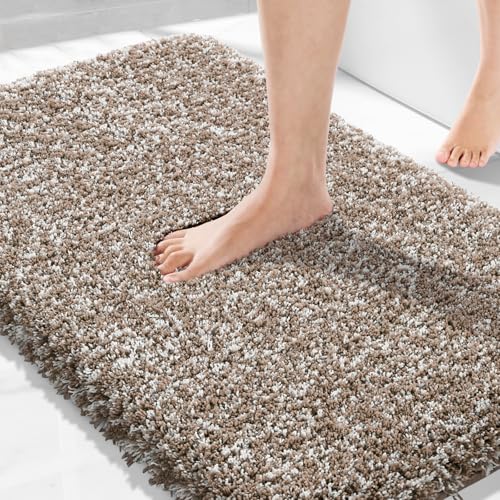 Yimobra Bath Rugs for Bathroom 32X20, Ultra Soft and Water Absorbent Bath Mats, Non Slip Plush Shower Rugs, Microfiber Thick Matts for Bathroom Floor/Tub, Machine Washable, Light Brown and White - color: Light Brown and White, size: 32" X 20"
