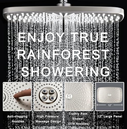 12" High Pressue Rain Shower Head with Handheld, 9 Sprays Hand Showerhead | Shower Heads with Handheld Spray Combo, Dual Head, Built-in Magnetic Docking, Power Jets, 59" Shower Hose, Nickel 1.75GPM - color: Nickel