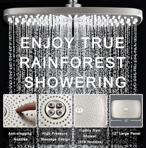 12" High Pressue Rain Shower Head with Handheld, 9 Sprays Hand Showerhead | Shower Heads with Handheld Spray Combo, Dual Head, Built-in Magnetic Docking, Power Jets, 59" Shower Hose, Nickel 1.8GPM - color: Nickel