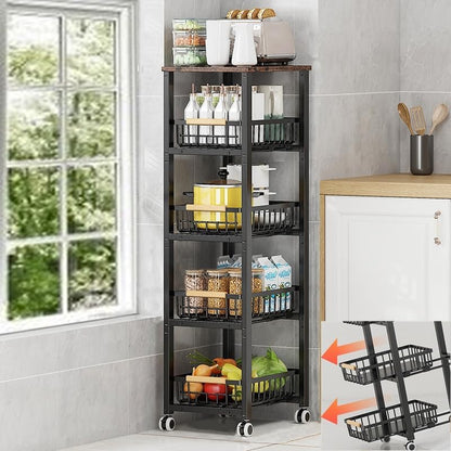 Metal Wire Baskets with Wheels, Stackable Storage Bins Kitchen Organizer Shelf, Multi Layer Fruit Vegetable Cart Dishes Seasonal Rack Freestanding with Pull Out Slide Drawer - size: 5 Tier with Slide Drawer