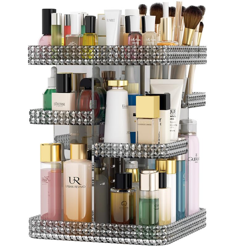 Makeup Organizer 360 Rotating Cosmetic Organizer, DIY Adjustable Makeup Carousel Spinning Holder Rack, Large Capacity Cosmetic Display Cases Vanity Countertop Fits Makeup Brushes Lipsticks (Grey) - color: Grey