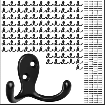 Homanu 100 Pack Coat Hooks, Heavy Duty Double Prong Coat Hooks Wall Mounted with 200 Screws, No Rust Black Metal Wall Hooks for Hanging Towel, Coat, Bag, Hat, Cup, Key - color: 100 Pcs Black