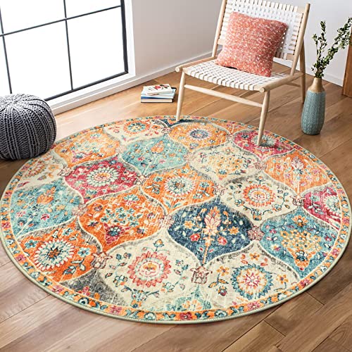 Lahome Moroccan Washable Circle Rug, Soft Vintage Round Rug 4ft, Distress Round Carpet for Entryway Bathroom Kitchen Bedroom, Non Slip Low Pile Stain Resistant Elise, Burnt Orange - color: Burnt Orange/Teal Multi, size: 4' (Round)