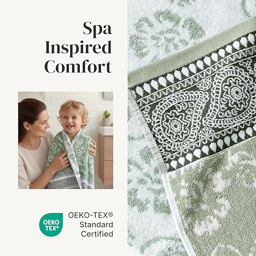 Modern Threads 6 Piece Bath Towel Set – Bathroom Set with 2 Bath Towels, 2 Hand Towels, and 2 Wash Cloths – 100% Cotton, Super Absorbent & Extra Soft – Reversible Floral Trail (Sage Green) - color: Sage Green