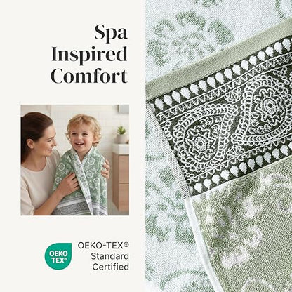 Modern Threads 6 Piece Bath Towel Set – Bathroom Set with 2 Bath Towels, 2 Hand Towels, and 2 Wash Cloths – 100% Cotton, Super Absorbent & Extra Soft – Reversible Floral Trail (Sage Green) - color: Sage Green