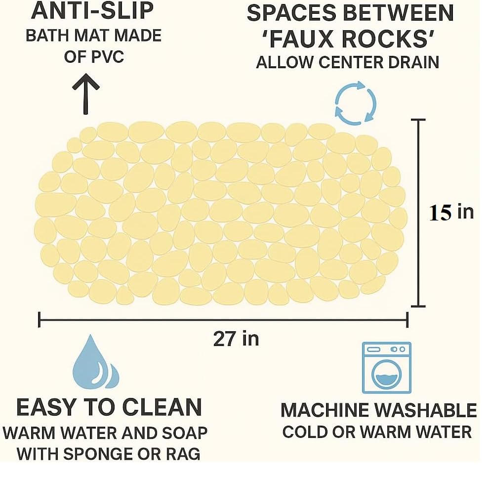 Dependable Industries Inc. Essentials Nonslip PVC Pebble Style Bathmat Shower Bathtub with Suction Cups 27" x 15" Textured for Secure Footing Oval (Yellow) - color: Yellow