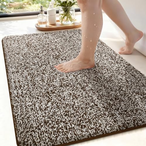 Bathroom Rugs 24x17,Super Absorbent Microfiber Bath Mat,Dark Brown/White | Non-Slip Shower Rug with TPR Backing, Thick Plush Machine Washable Bathtub Carpet for Bathrooms Decor - color: Dark Brown/White, size: 24" X 17"