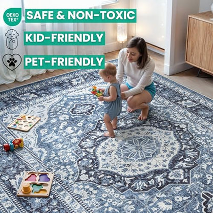 Bloom Rugs Caria Washable Non-Slip 10 ft Runner - Blue Traditional Runner for Entryway, Hallway, Bathroom, and Kitchen - Exact Size: 2'6" x 10' - color: Blue, size: 2'6" x 10' (Runner)