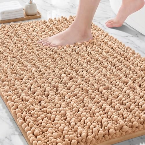 Bathroom Rugs Non Slip Washable 36x24, Extra Thick Soft Chenille Absorbent Bath Mat, High Density Barrier Non Slip Backing, Quick Dry Plush Shaggy Floor Carpet for Tub&Shower, Beige - color: Beige, size: 36" X 24"(Bathroom Rug)