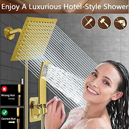 Gold High Pressure Square Rain Shower Head And All Metal Handheld Shower, Equipped With 78"Hose, 3 Way Diverter Valve,Adhesive Shower Head Holder, Luxury Shower Combo - color: Gold, size: 6