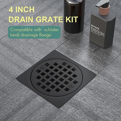 4 Inch Drain Grate Kit, Square Shower Floor Drain SS304 Stainless Steel | Compatible with Schluter Kerdi Drain Flange, Height Adjustment Collar and Ring - Matte Black - color: Matte Black