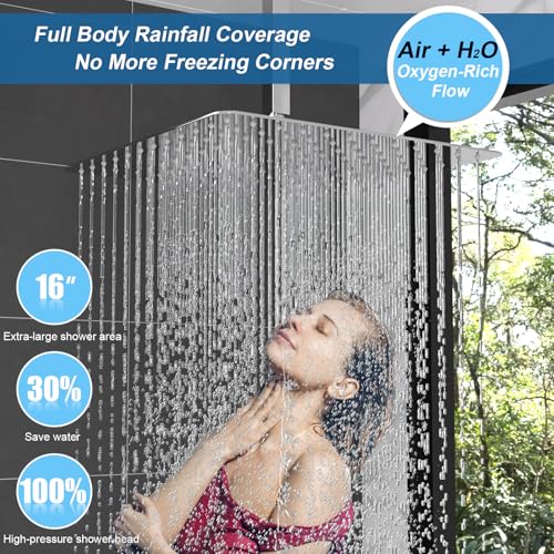 Enga Thermostatic Dual Head Shower System, 16 Inch Ceiling Mount Shower Head with 6 Inch Wall Mount Shower Head Shower Faucet Set, All Functions Can Operate Simultaneously, Chrome - color: Chrome, style: ‎16"+6" Head