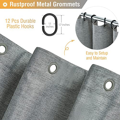 BTTN 72x78 Linen Textured Waterproof Fabric Shower Curtain Set, Grey/Gray | Long Size, 230GSM Polyester, Heavy Duty Cloth, Weighted Hem, 12 Plastic Hooks, Modern Luxury Hotel Style, Machine Washable - color: Grey, size: 72"W x 78"L (Pack of 1)