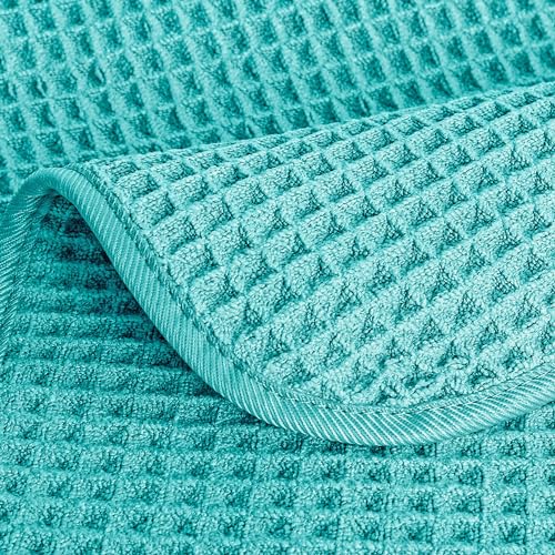 POLYTE 430 GSM Poly Blend Microfiber Quick Dry Waffle Hand Towel, 16x30 in | 4 Pack, Oversize, Lint Free, Quick Dry, Hanging Loop - color: Aqua
