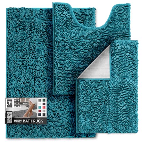 Hearth & Harbor Bathroom Rugs, Chenille Bath Mat - Machine Washable Bath Mats for Bathroom Non-Slip Backing Rubber, Quick Dry Mat - Teal Blue Bath Rug, 17x24-26x44-20x24 - color: Teal, style: 17x24 / 26x44 / 20x24