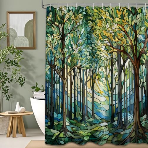 Extra Tall Shower Curtain XL Stained Glass Art, 70 x 96 Inchs | for Extra Long 96 Inchs Shower, Green Forest Pattern Design, Large Bathroom Decor Sets Waterproof Cloth Fabric, with Hooks - color: Green, size: 70"W x 96"L (Pack of 1)