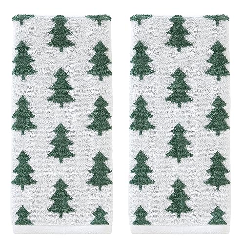 SKL Home Christmas/Winter Holiday Trees Hand Towel Set-2pc, Green/White | 100% Cotton. 500 GSM. Soft & absorbent. Reversible jacquard pattern. Great for the bathroom, kitchen or bar & gifting. - color: Holiday Trees, style: Hand Towel Set