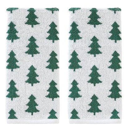 SKL Home Christmas/Winter Holiday Trees Hand Towel Set-2pc, Green/White | 100% Cotton. 500 GSM. Soft & absorbent. Reversible jacquard pattern. Great for the bathroom, kitchen or bar & gifting. - color: Holiday Trees, style: Hand Towel Set