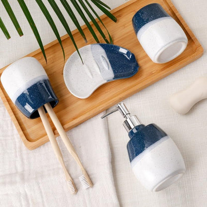 Ceramic Bathroom Accessories Set of 4 Gradient White and Blue Washing Set | Includes 2 Gargle Cups, 1 Soap Dish, 1 Lotion Dispenser, Ideal For Home Decor And Gift